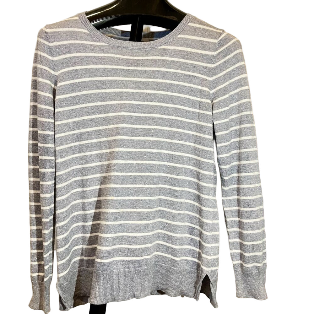 Old Navy Sweater Gray & White Shimmer Crew Neck Striped Long Sleeve Size L